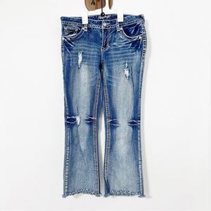 Amethyst Jeans Crop Flare Distressed Stretch fading and Whiskers Frayed Hem